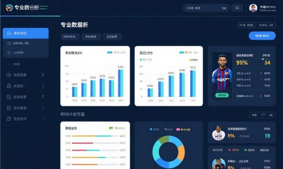 专业数据分析页面，展示对比图表、球队和球员统计数据，界面科技感十足