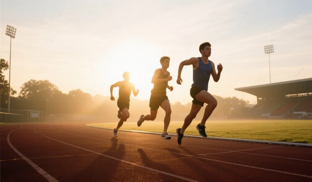 运动员们在晨曦中奔跑在田径场上，阳光洒在他们坚定的脸庞，象征希望与拼搏
